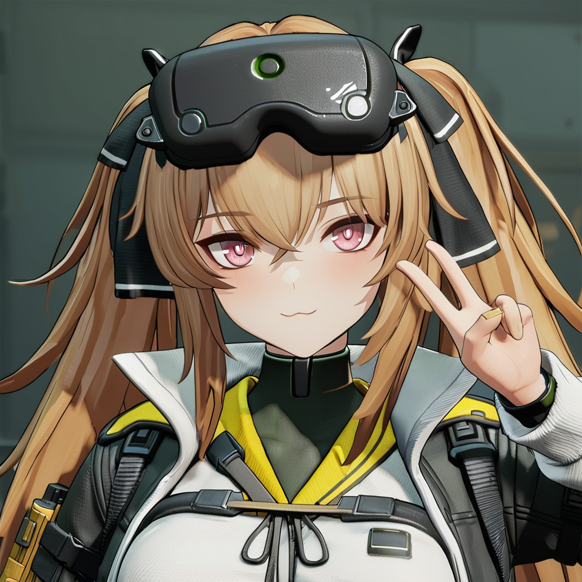 masterpiece, best quality, ump9 \(girls' frontline\), twintails, looking at viewer, scar across eye, 3d style, portrait, v...